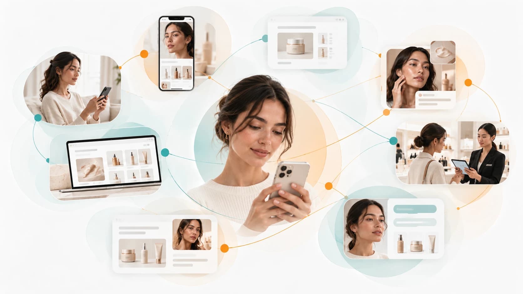 A beauty shopper at the centre of eight connected touchpoints — mobile app, product page, social, in-store associate, marketplace, laptop storefront, editorial content and AI-assisted discovery — linked by one continuous orbit.